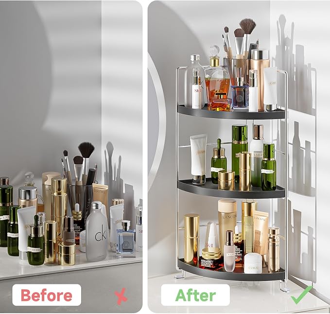3 Tier Bathroom Corner Organizer Countertop, Vanity Counter Skincare Makeup Storage Shelf, Bathroom Sink Countertop Organizer, Black