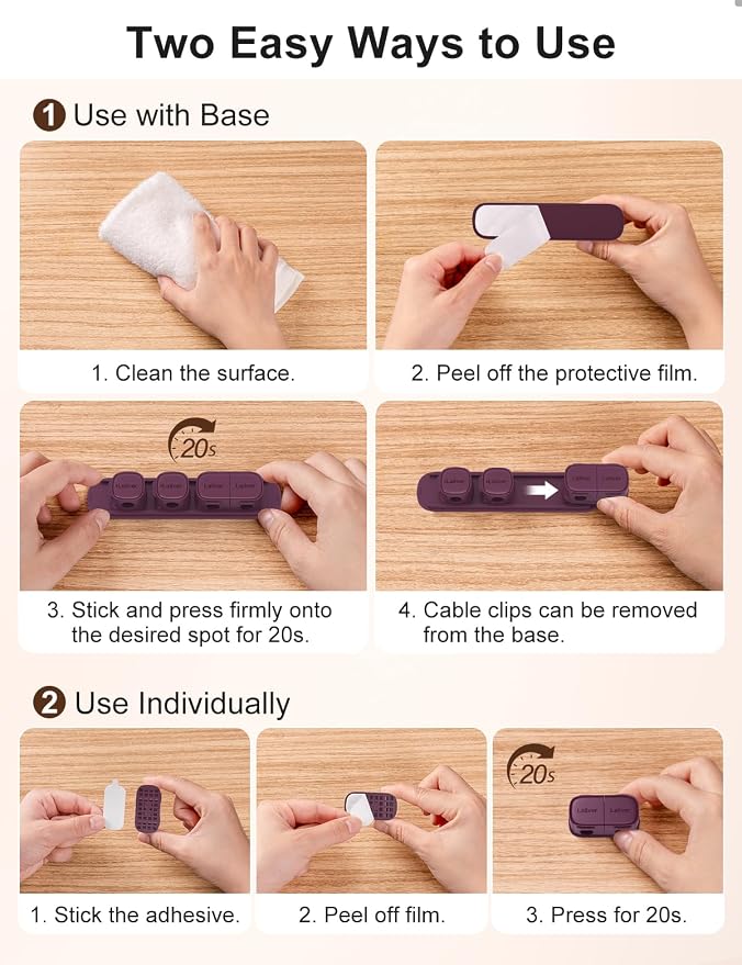 6 Pack Magnetic Cable Clips [1s Open/Lock], Cord Organizer Holder | Strong Adhesive Desk Cable Management- Organize Charging Cords Neatly for Home, Office, Car,Desk, Nightstand-Dark Purple