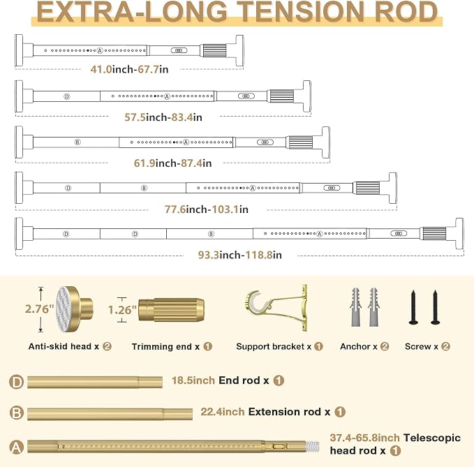 Gold Tension Curtain Rod 41-118In(4-9Ft), Outdoor Curtain Rod No Drilling for Window or Patio, Heavy Duty Shower Rod for Bathroom,Rod Diameter 1.26In-One-bond stretching