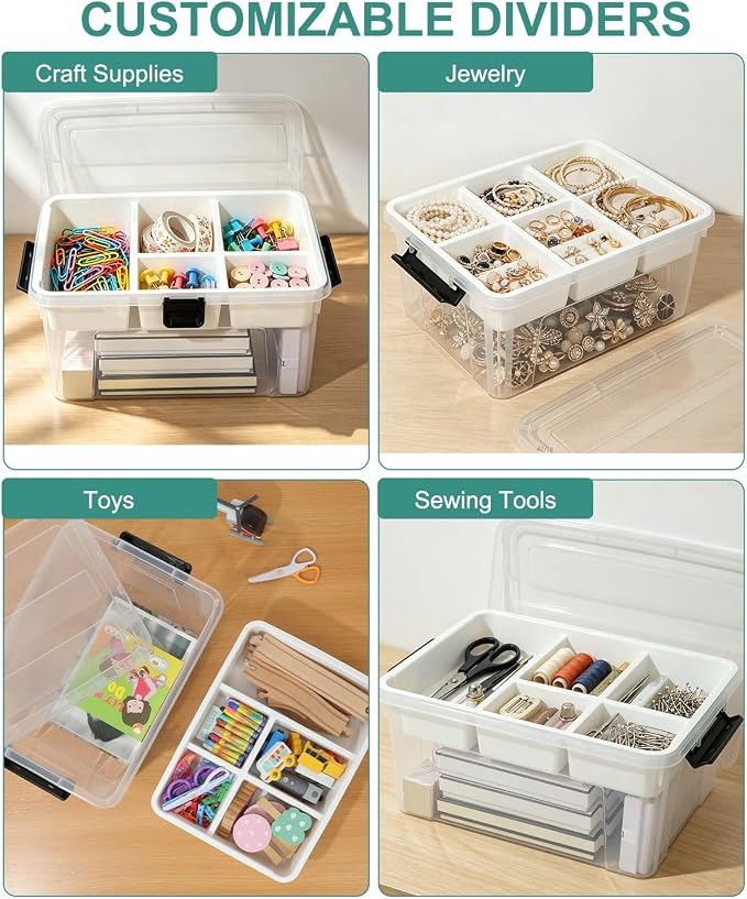 EOENVIVS 17 QT Clear Craft Storage Organizer Box with Removable Tray, Plastic Storage Bins with lids for Kids Art Supplies, Toys, Beads, Tools, Sewing & Classroom