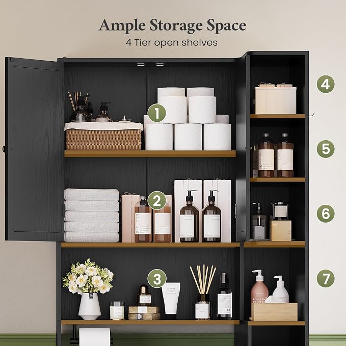 7-Tier L-Shaped Wooden Over the Toilet Storage Cabinet with Doors, Modern Over Toilet Bathroom Organizer Shelf with 2 Large Drawers, Bathroom Over Toilets Storage Cabinet, Space Saver, Black