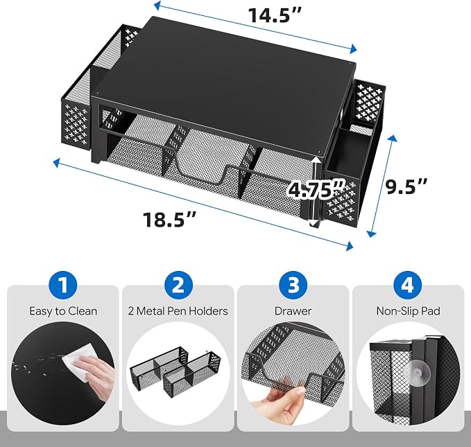 Simple Trending Desk Organizer and Accessories, 2-Tier Computer Monitor Stand Riser with Drawer & 2 Pen Holders, Office Desk Accessories & Workspace, Laptop & Printer Stand for Desktop, Black