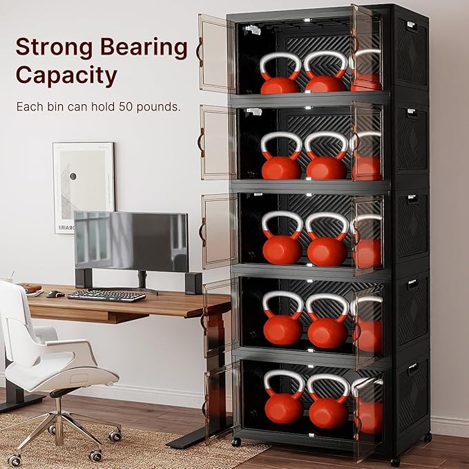 Stackable Storage Bins with Lids, Collapsible Storage Boxes, Foldable Plastic Storage Drawers for Bedroom,Office, Dorm (5, Black, XL)