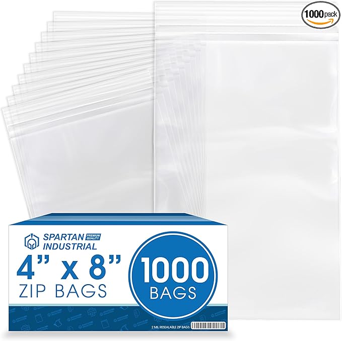 Spartan Industrial - 4” X 8” (1000 Count) 2 Mil Clear Reclosable Zip Plastic Poly Bags with Resealable Lock Seal Zipper