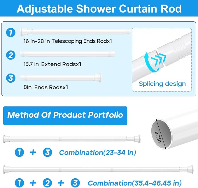 MEXAU 1 Pack Tension Curtain Rods 24-46 Inch,Adjustable Spring Tension Rods White Shower Curtain Rod No Drilling for Window, Bathroom, Closet, Room Divider, 7/8" Diameter