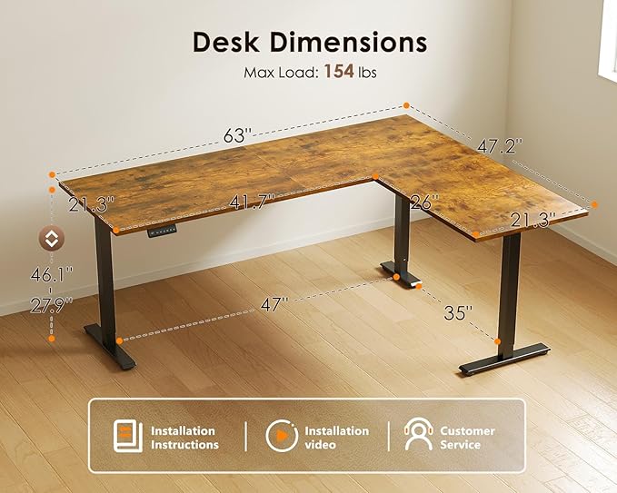 OffiGo 63 Inch Reversible L Shaped Electric Standing Desk, Rustic Brown | Large Corner Height Adjustable Stand Up Desk, 3 Memory Presets, Sit Stand Table, Reinforced Frame for Home Office Workstation