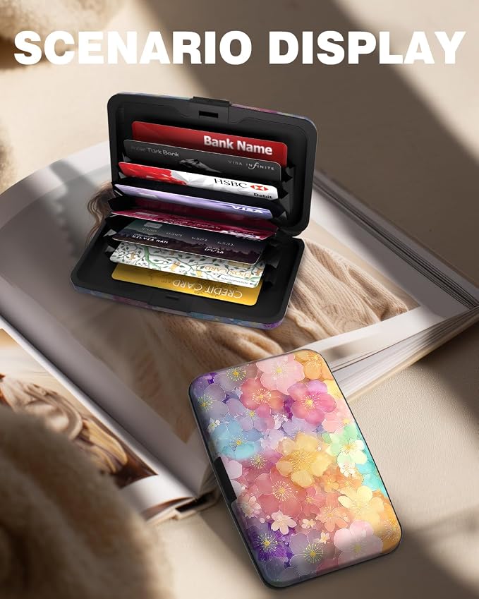 Maicican Credit Card Holder, Mini RFID Blocking Aluminum Wallet | Slim Metal Hard Case Travel Wallet ID Case for Women and Men, 4.3 x 2.9 Inches, Cherry Blossoms