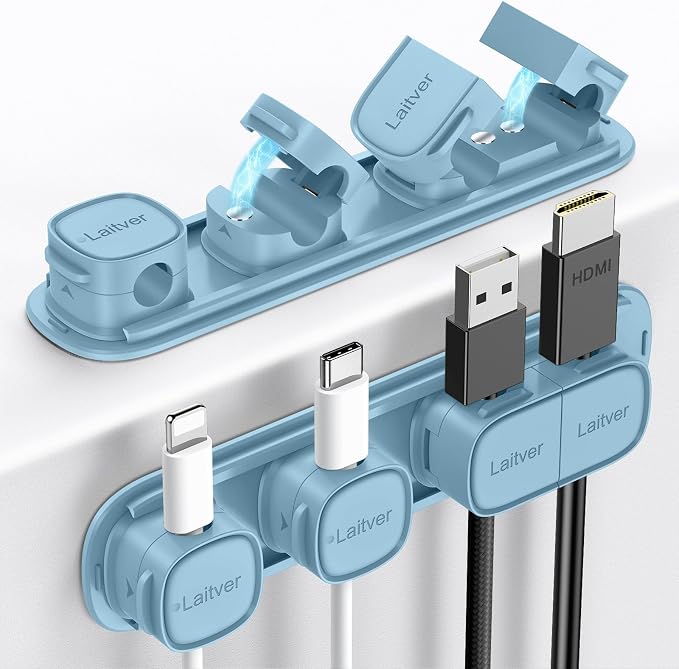 6 Pack Magnetic Cable Clips [1s Open/Lock], Cord Organizer Holder | Strong Adhesive Desk Cable Management- Organize Charging Cords Neatly for Home, Office, Car,Desk, Nightstand-Peak Blue