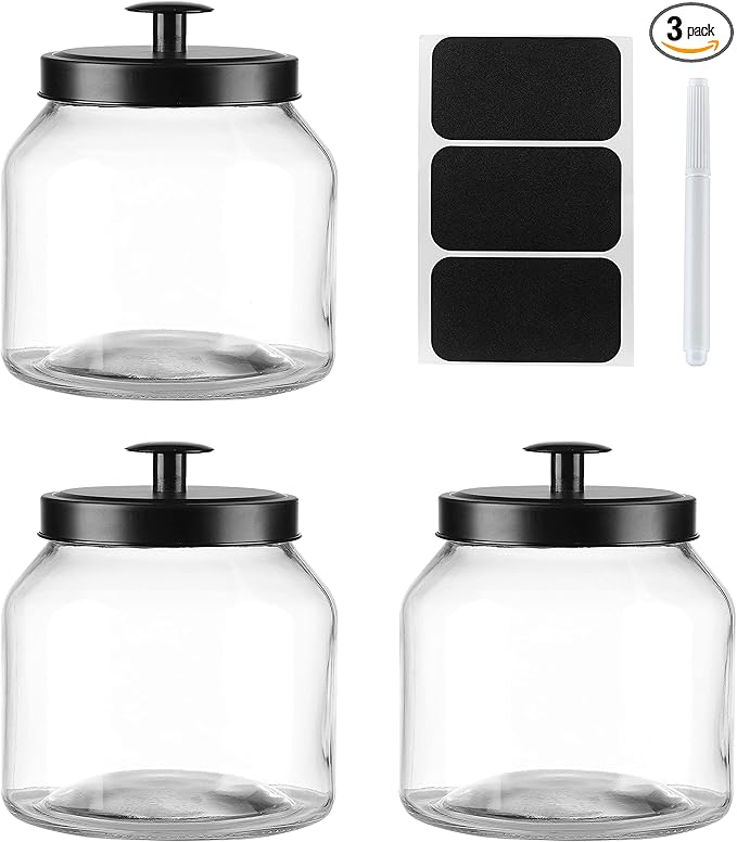 Hyperspace Glass Cookie Jar Food Container with Airtight Black Metal Lid, Medium, 3PCS