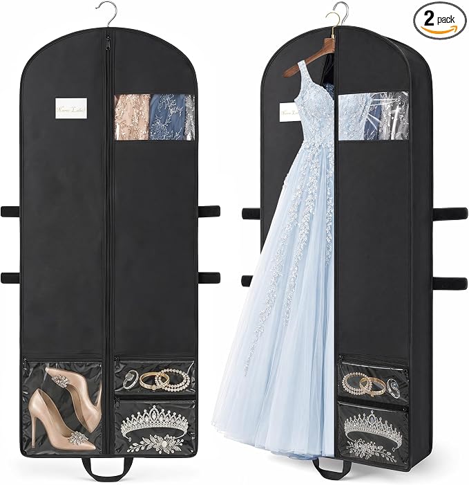65" Long Garment Bags, 2 Pack Waterproof Travel Dress Bags for Hanging Clothes, Wedding Dress Cover Clothes Protector for Closet Storage, Suitable for Gowns, Tuxedos, Coats, Black