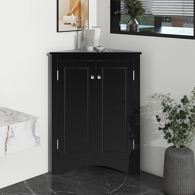 Corner Storage Cabinet with Adjustable Shelves, Triangle Bathroom & Kitchen Organizer, Freestanding Floor Cabinet for Toilet Kitchen Bathroom Cleaning Supplies (Black)