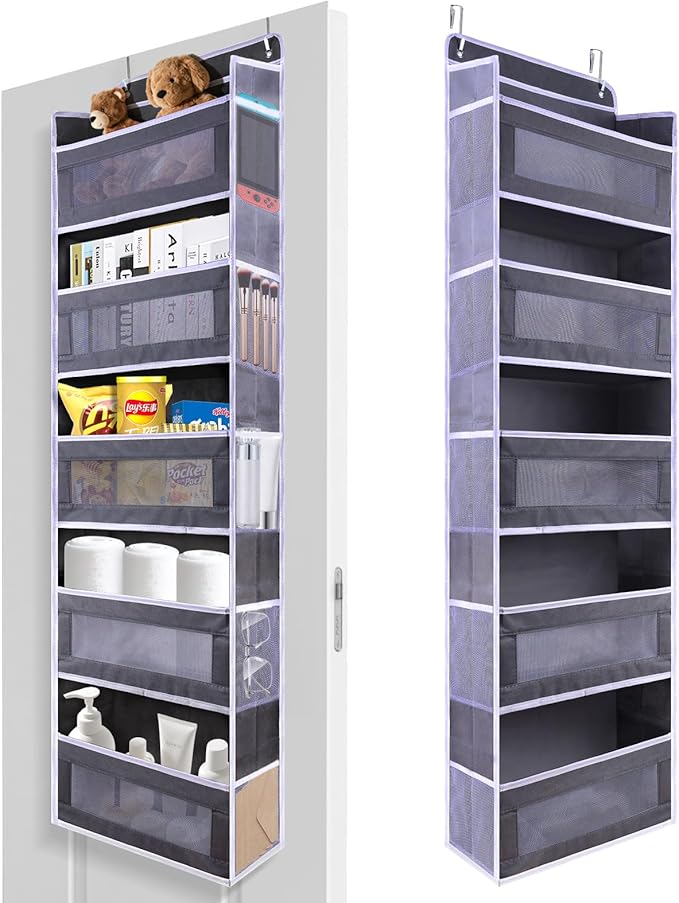 ANHUXINLEI Over The Door Organizer Storage, 5 Large Capacity Pockets & 5 Side Pockets, Anti Tilt 44 lb Load Behind Door Storage for Bedroom, Bathroom, Pantry, Nursery (Dark grey)
