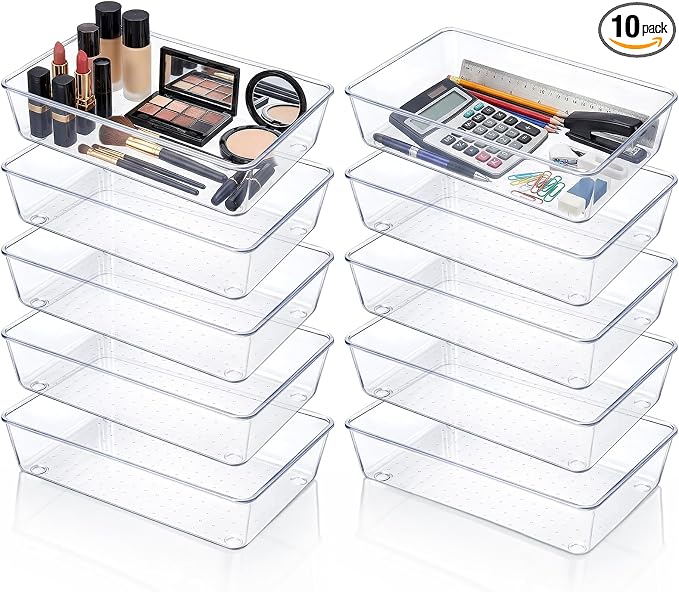 10 Pack Clear Plastic Drawer Organizer, 6" X 9" Acrylic Storage Bins with Non-Slip Pads, Acrylic Drawer Organizer Tray, Clear Desk Storage Tray for Makeup, Kitchen Utensils, Jewelry, Office, Bathroom
