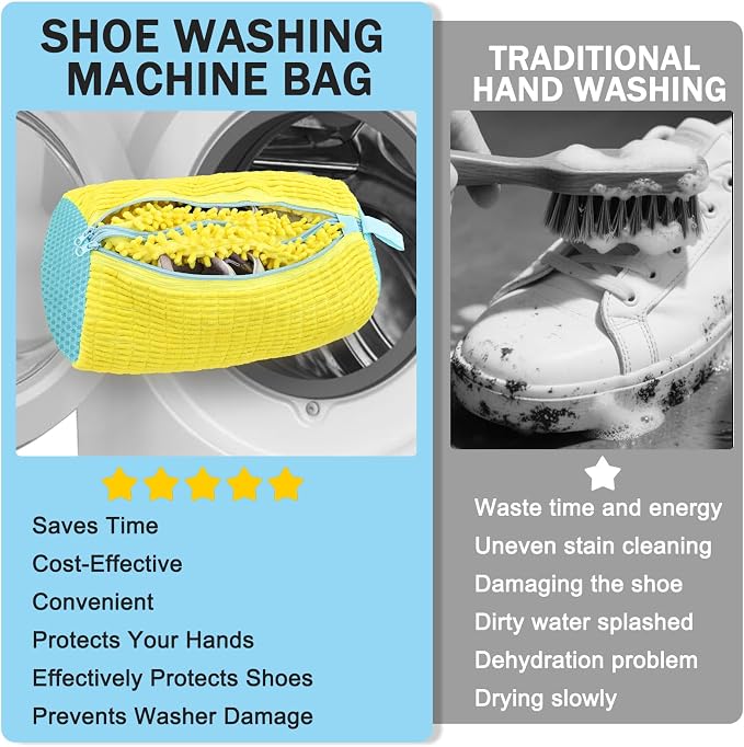 Dual Independent Compartments Shoe Washing Bag for Washer Dryer, Chenille Reusable Laundry Shoe Cleaner Bag for Sneakers Tennis Shoes, Yellow