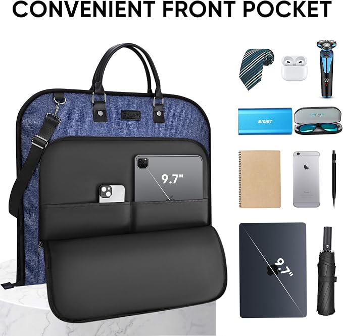 BALEINE Travel Garment Bag, Travel Suit Bag for Men, Water Resistant Carry on Garment Bag for Hanging Clothes, Garment Duffel Bag for Travel Business (Blue, 42")