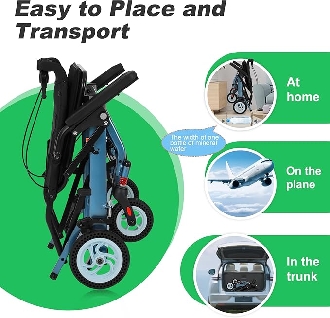20 lbs Transport Wheelchair Lightweight Foldable, Portable Folding Transport Chair with 8" Honeycomb Tires, 16.2" Seat Small Wheelchair for Tight Spaces, Narrow Wheelchairs for Adults & Elderly(Blue)