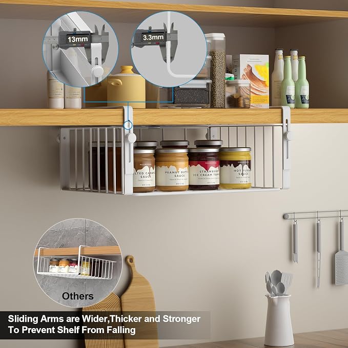 AmonHouseware 2Pack Under Shelf Storage Basket Organizer, White | Adjustable Hanging,Under Cabinet Add-on, Slide-in Baskets, for Laundry Room Kitchen Pantry Desk Bookshelf Counter Cupboard