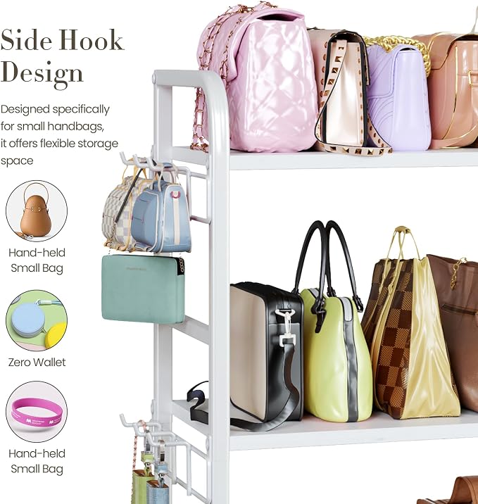 Purse Organizer for Closet, with Bottom Drawer, Extra Large Capacity 3 Tier Handbag Storage Rack for Women, 10 Purse Hanger and Hooks for Bag Organizer, Floor-Standing, Home, Living Room (White)