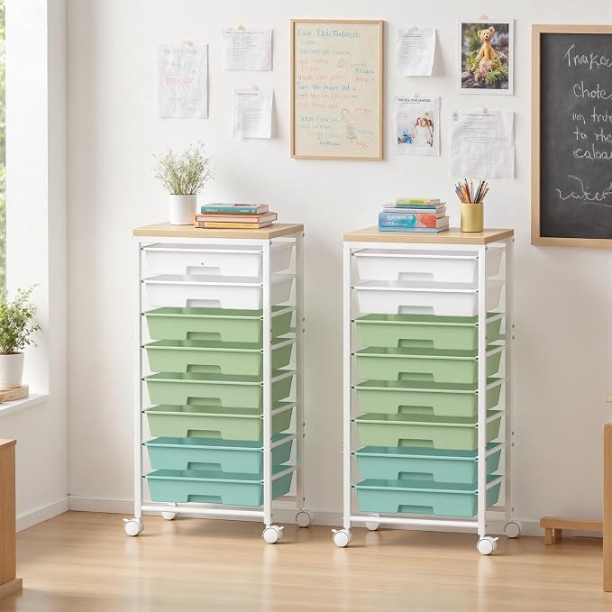 Rolling Cart with 8 Drawers, Plastic Drawer Storage Carts with Wheels & Wooden Tabletop, Metal Utility Cart Organizer for Bedroom Living Room Office Classroom Craft Organization and Storage, Green