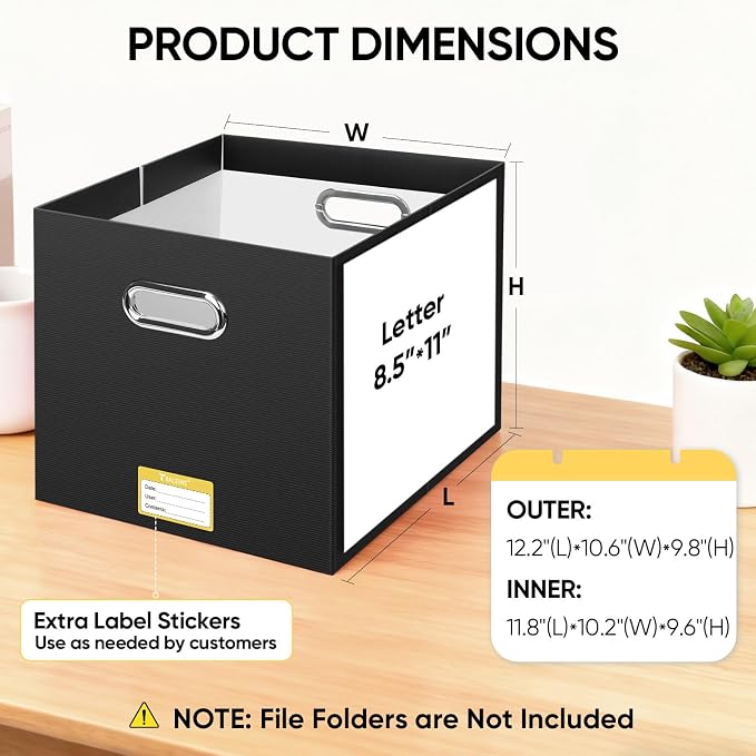 BALEINE File Organizer Box, Cardboard File Folder Organizer with Handle for Letter Size, Portable Collapsible Hanging Filing Box for Home Office Document Storage (4 Pack, Large Black)