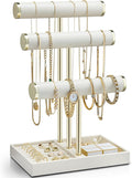 VLANDO 3 Tier Bracelet Holder Organizer with Tray - Leather Jewelry Stand Organizer for Women - Jewelry Holder Display for Necklace, Watches, Rings, Earrings, Bangle, Scrunchie - Cloud White