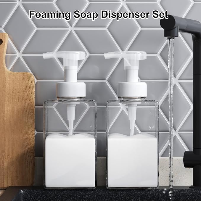Kzeirm Foaming Soap Dispenser for Bathroom & Kitchen 15 Oz, Refillable Foam Hand Soap Dispenser for Liquid Soap, 2Pcs Foam Pump Bottle with Waterproof Labels, Clear