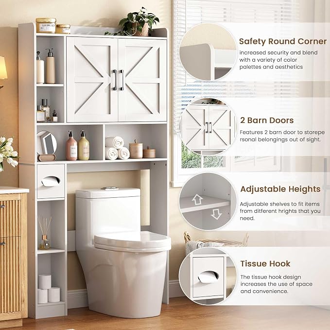 Vabches Over The Toilet Storage Cabinet with 2 Barn Doors, White | Toilet Paper Holder Stand，Home Space-Saving Toilet Rack, for Bathroom, Restroom, Laundry