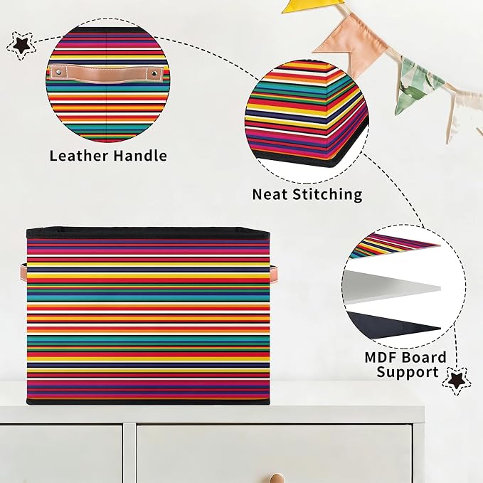 Mexican Closet Storage Bin, Foldable Storage Baskets for Shelves, Decorative Shelf Organizer Abstract Aztec Gradient Lines Fabric Cube Bin for Living Room Bedroom Home Dorm
