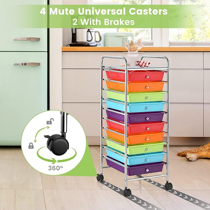 DREAMADE Rolling Cart With Storage Drawers, Utility Cart With Removable Plastic Drawers, Lockable Wheels for Classroom Organization, Art Supplies, Office, Scrapbook (10 Drawers, Multi-color)