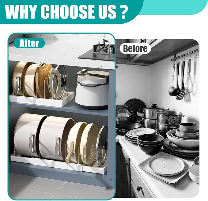 Pot Rack:Expandable Pan Organizer for Cabinet,Pot Lid Holder with 6 Adjustable Compartment for Kitchen Cabinet Cookware Baking Frying Rack,Apricot
