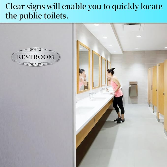 Restroom Sign Sticker for Business & Home, Self-Adhesive Brushed Silver Elegant Bathroom Signs for Door, Durable & Waterproof Unisex Restroom Signage for House Toilet, Office, Store, Shop