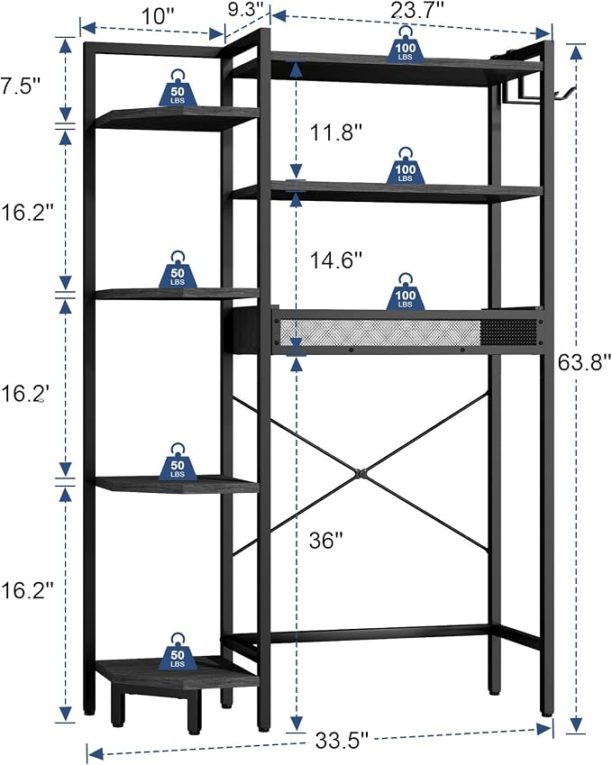 K1 Heavy Duty 7-Tier Over The Toilet Storage（with Basket and Paper Hook） Freestanding Above Toilet Shelf with Adjustable Feet，Space Saver Bathroom Shelves 9.3" D x 33.5" W x 63.8" H，Black