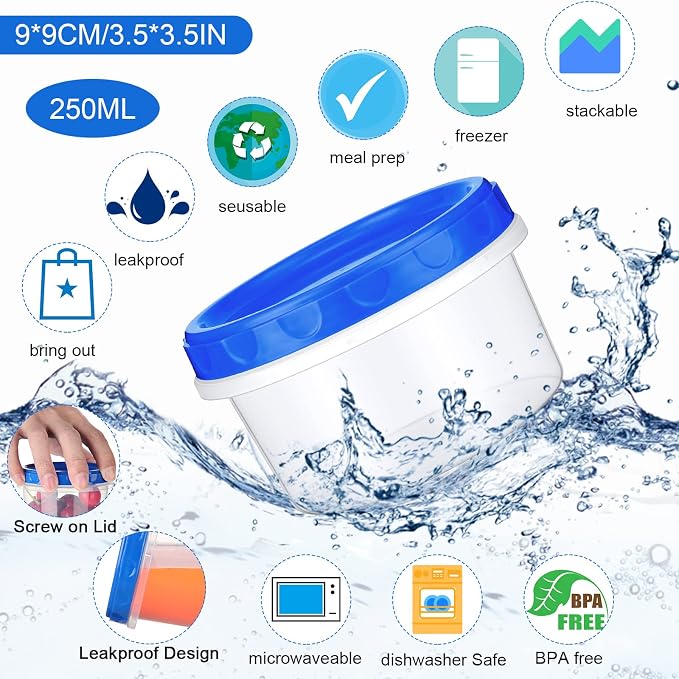 Sieral 36 Pack 8 oz Freezer Containers with Lids Reusable Deli Freezer Storage Containers Stackable Plastic Thick Twist Top Jars for Takeout Food Round Wide Mouth Lunch Snack (Blue)