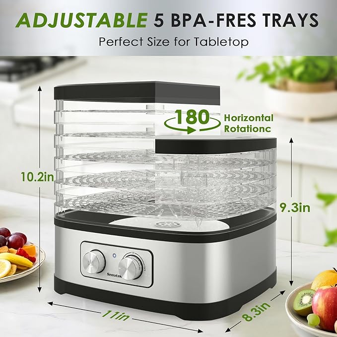 Seeutek Food Dehydrator, 5 BPA-Free Trays Food Dehydrator Machine with Adjustable Temperature Control for Beef Jerky, Fruits, Vegetables, Includes Recipe Book & 4 Reusable Storage Bags
