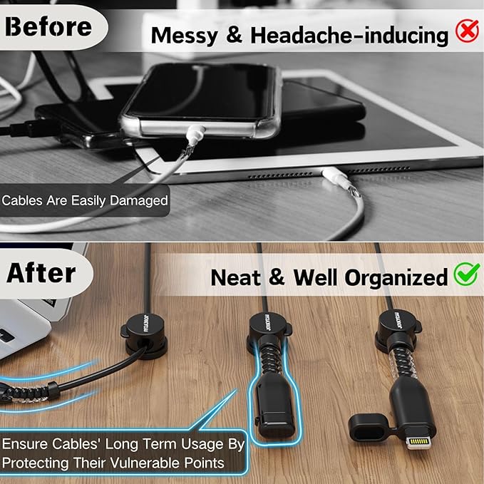 6 Magnetic Spring Cable Clip Rotatable Cord Holder Desktop Cord Organizer 2 Charging Cord Protectors for Nightstand Phone Charger Organizer Computer Desk Cable Management Appliance Adhesive Wire Strap