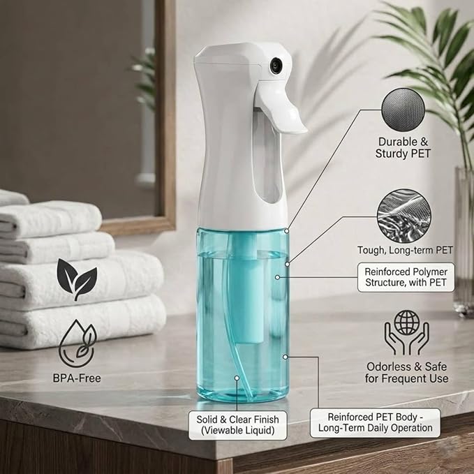 VIGOR PATH Continuous Mist Blue Spray Bottle 200ml Fine Mist for Hair | Ultra Fine Atomizer Leak Proof Ergonomic Construction 360 Refillable