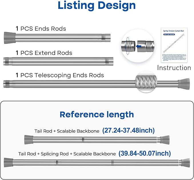 Tension Rods for Windows 28 to 48 Inch Silver Tension Curtain Rod Spring Rods No Drilling Pressure Tension Rods Adjustable Curtain Rods Expandable for Closet,Doorway