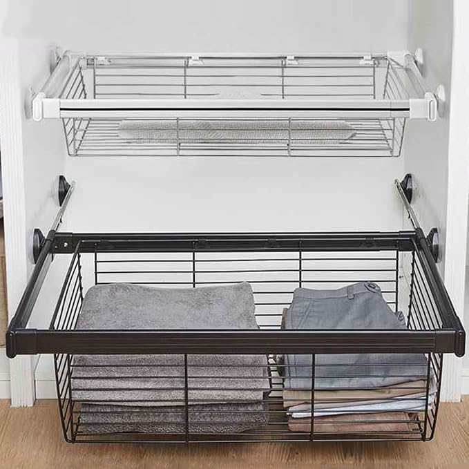 Pull Out Storage Basket with Runners,Metal Under Shelf Storage Basket,Stackable Storage Bins,Adjustable Width 370-970mm,40kg Weight Capacity(Black,Width870-920mm)