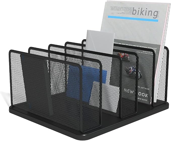 TRU RED Wire Mesh File Organizer, 5‑Compartment, Matte Black, 2‑Pack – Vertical Desktop Sorter for Files, Folders & Mail
