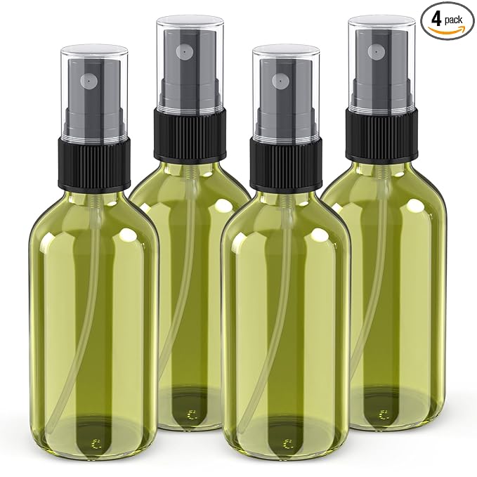 Wedama 4 oz Mini Glass Spray Bottles, Empty Small Spray Bottles with Funnel Dropper, Fine Mist for Hair, Travel, Plants, Cleaning Solutions and Skin Care (4 Pack Olive Green)