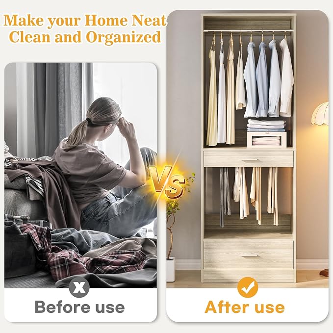 Homieasy Closet System Organizer with Hanging area, Pants Rack & Drawer – Expandable & Sturdy Modular Closet Storage Unit, Customizable Wardrobe Organizer for Bedroom or Walk-In Closet, White Oak