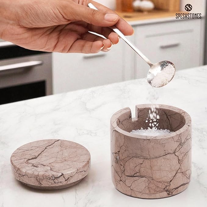 Marble Salt Cellar 3 Inch Marinara Table Salt Containers for Countertop, Sugar Bowl With Lid, Salt Holder, Spice Jars, Salt Box for Seasoning Storage Container, Salt Dish for Kitchen Decor