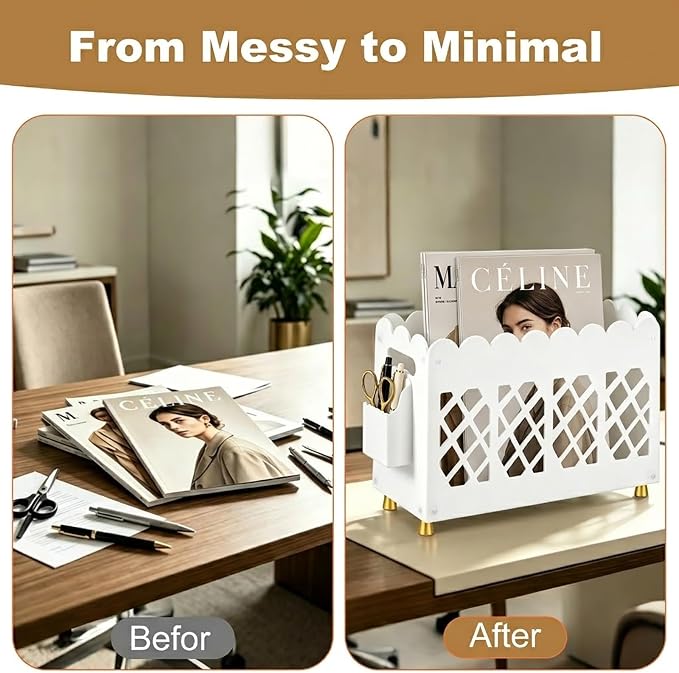 Acrylic Magazine Rack with Handle,Detachable Side Pen Slot,Wave HollowOut Design,Replaceable Anti-Slip Feet,Magazine Rack floor for Stationery File Snack Home Office Organization (White, 13x5.1x8.7")