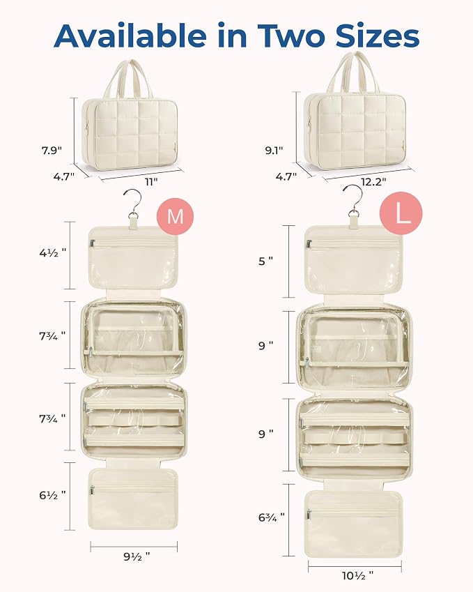 BAGSMART Travel Toiletry Bag with Jewelry Organizer, Hanging Travel Bag for Toiletries, Puffy Makeup Cosmetic Bag Organizer, Carry-on Travel Accessories Essentials, Beige-M