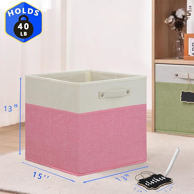 Storage Cubes,13 x 15 x 13 storage cubes,Foldable Fabric Storage Cubes with Labels 4 Pack,Linen Cube Storage Organizer Bins Kallax Storage Cubes for Organizing Shelves Cabinet(White pink).