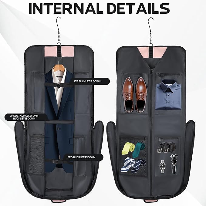 Goloni Garment Bag For Men Women Travel & Business,Hanging Clothes & Multiple Compartment,Waterproof Foldable Suit Bag Pink