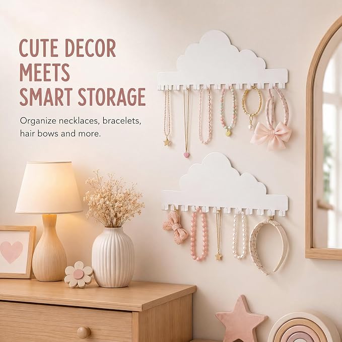 Hicarer 2 Pack White Cloud Necklace Holder Wall Mount with 24 Hooks Adhesive Metal Jewelry Organizer Nursery Wall Decor Kids Room Storage for Earrings Bracelets Rings Keys