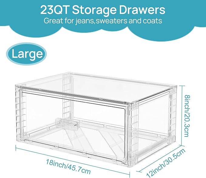 Vtopmart 4 Pack Large Clear Stackable Storage Drawers 23QT | Easily Assemble Plastic Closet Storage Bins, Dust-Proof UnderBed Organizer for Clothing, Sweater Organization