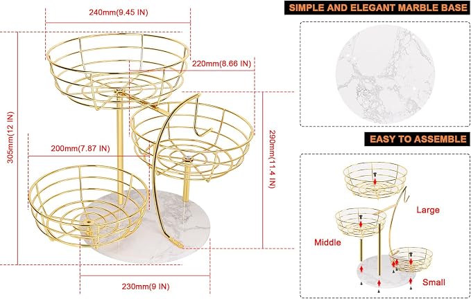 Livabber Fruit Basket Bowl with Banana Hanger, Metal Fruit Vegetable Storage Basket with Banana Holder for Kitchen Counter, Detachable Organizer for Bread Snack Produce (Gold, 3-Tier Marble Base)