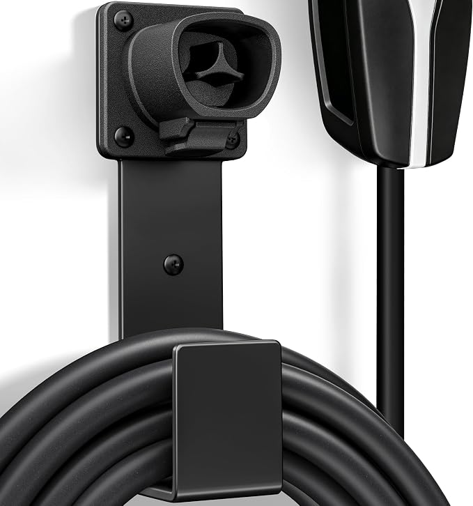 EV Charger Holder - Tesla Connector, Nozzle Holster Dock and J-Hook Combination, EV Cable Holder Wall-Mount Electric Vehicle Charger